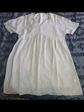 Light Cream Swiss Dot Mini Dress with V-Neck